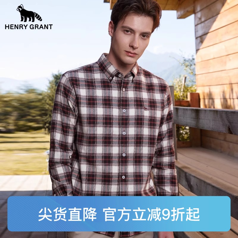 亨利格兰小熊猫秋季新品男翻领复古英伦休闲格子长袖衬衫百搭上衣
