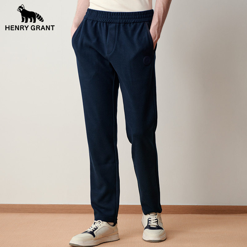亨利格兰小熊猫秋冬新品男休闲运动宽松直筒长裤百搭简约厚款卫裤