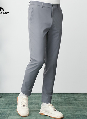 亨利格兰小熊猫夏季新品男时尚休闲中腰直筒休闲裤灰色薄款长裤子