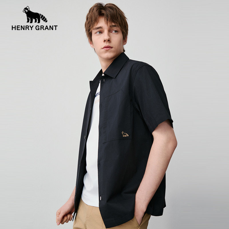 亨利格兰小熊猫夏季新品男英伦休闲宽松短袖衬衫百搭方领落肩衬衣