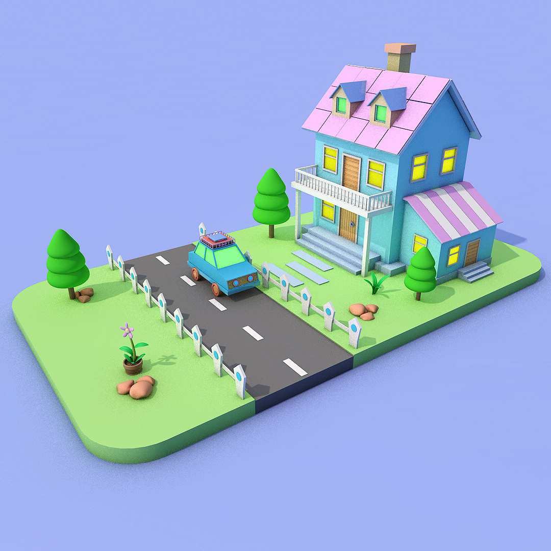 C4D公路小屋自建模型源文件原创3D场景建模带普通材质建模视频A42