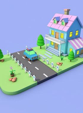 C4D公路小房子模型文件 原创C4D建模模型普通材质渲染建模视频A42