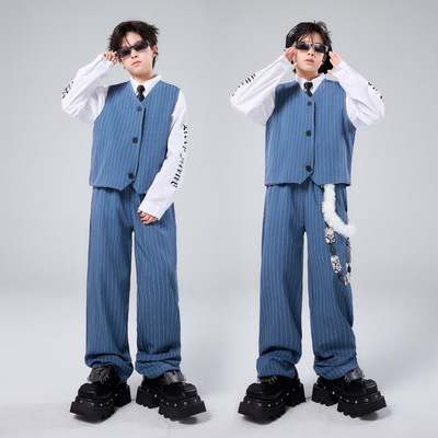 儿童爵士舞套装蓝色西装马甲潮服男童街舞Popping演出服locking女