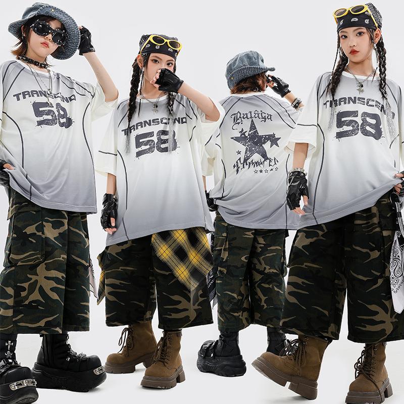 嘻哈童装潮牌街舞儿童潮服夏天男童迷彩裤套装hiphop女童演出服装图片