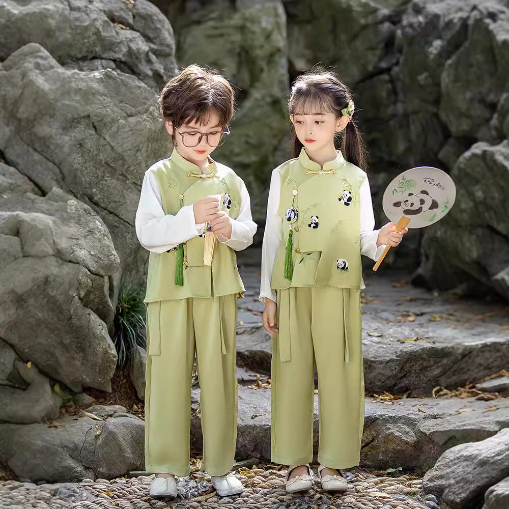 儿童表演服长袖春秋汉服中国风运动风竹叶熊猫中大童演出服男童套
