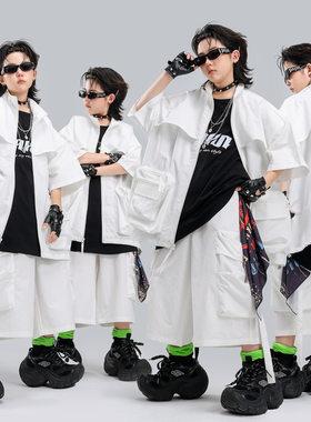 男童街舞潮服帅气儿童架子鼓白色套装女童走秀hiphop舞台表演服装