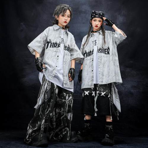 街舞儿童潮服嘻哈男童夏天灰色衬衫演出服套装hiphop女童走秀潮装
