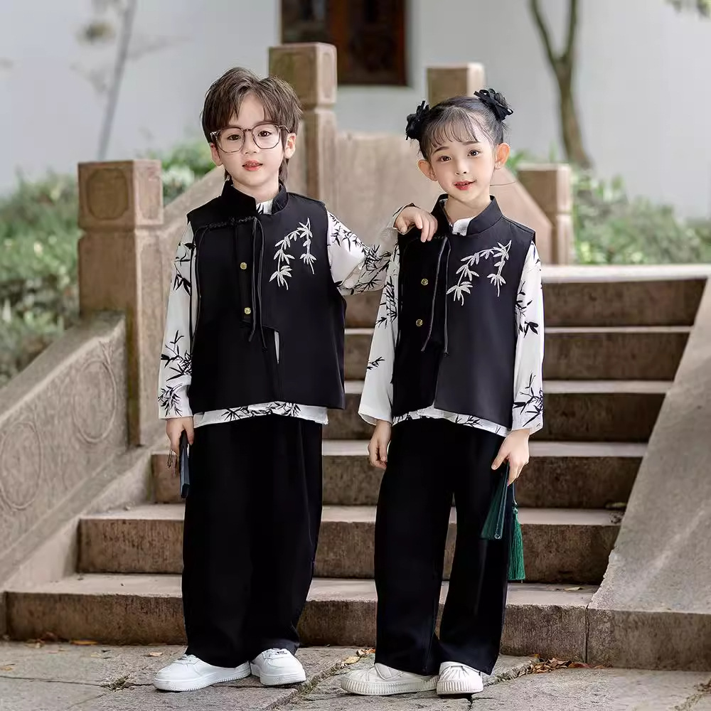 儿童表演服新中式长袖汉服中国风唐装三件套中大童演出服男童套装