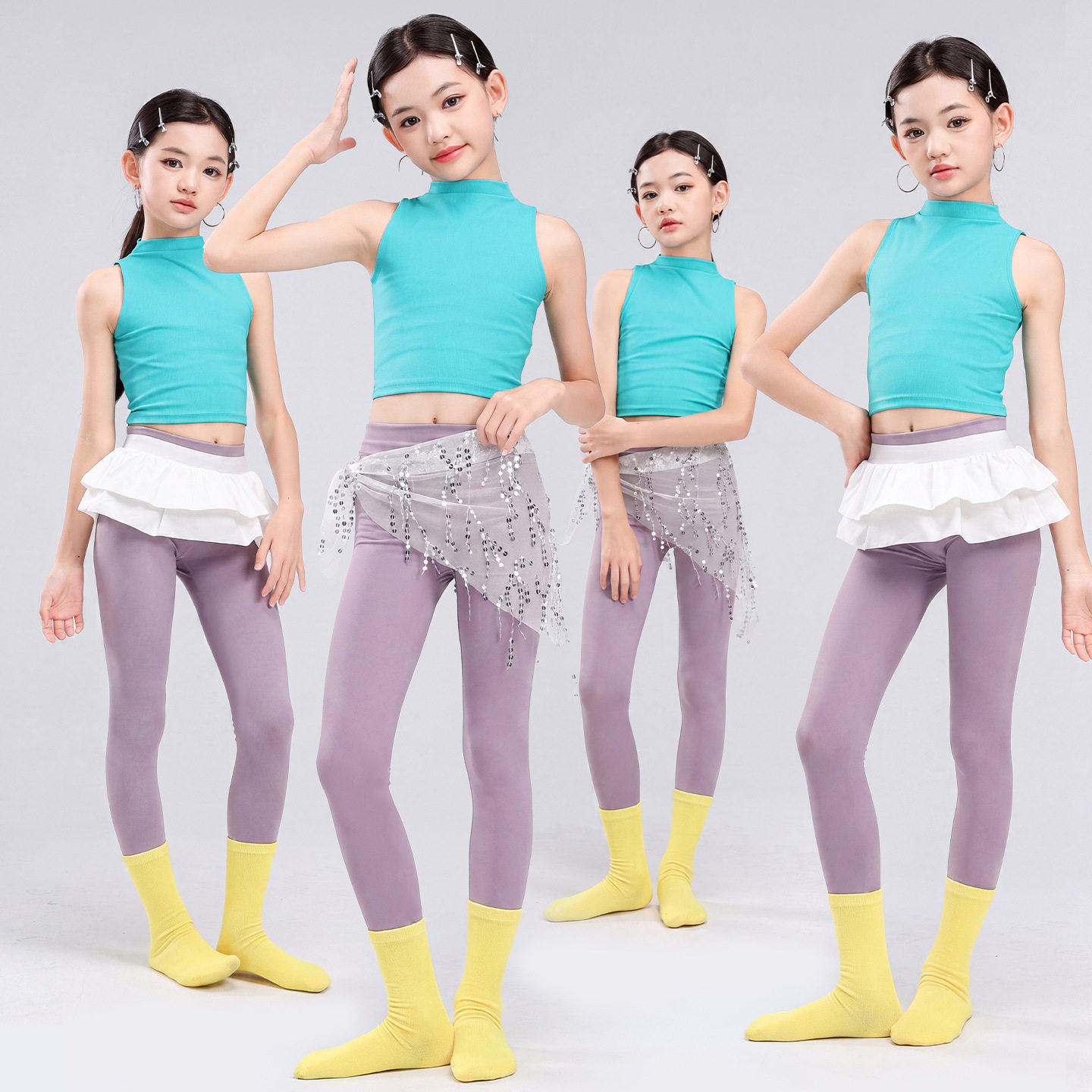 女童舞蹈服绿色小高领背心练功服走秀形体服瑜伽服爵士舞训练服装图片