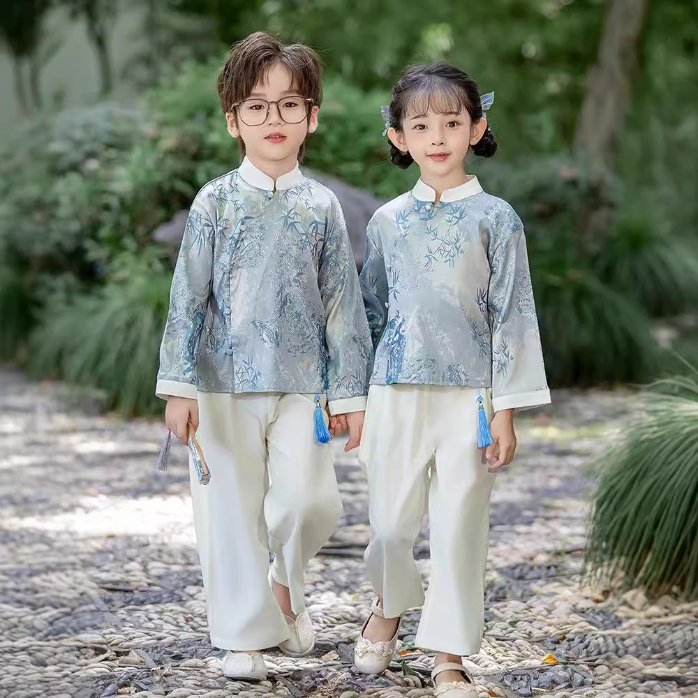 儿童表演服秋长袖汉服中国风运动风碧海蓝天中大童演出服男童套装