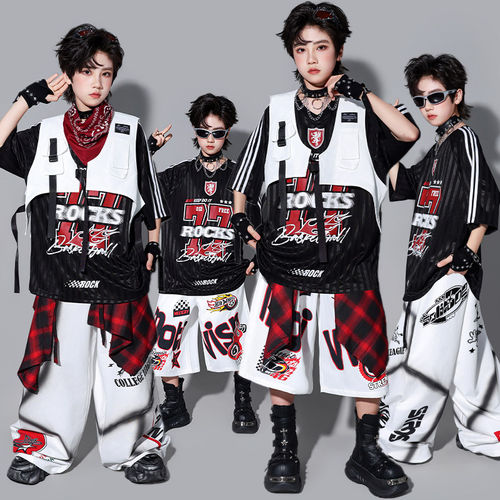 儿童黑色嘻哈街舞演出服男童马甲套装少儿hiphop表演服装上衣潮装