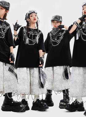 街舞儿童潮服男童嘻哈黑白链子套装hiphop女童架子鼓酷帅演出服装