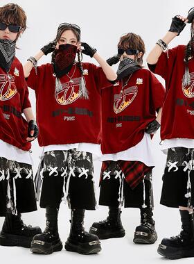 少儿街舞服装嘻哈男童红色U火酷帅儿童短袖套装hiphop女童演出服