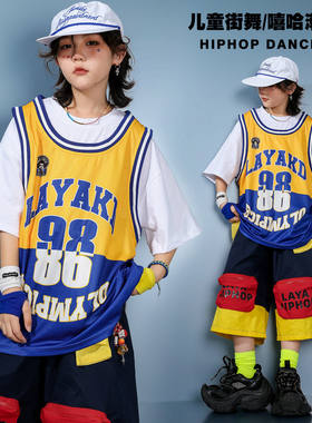 儿童街舞潮服假两件球衣七分裤夏季新款套装hiphop时尚男孩练功服
