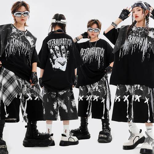 街舞儿童潮服嘻哈男童黑色手掌演出服套装hiphop女童酷帅表演服装