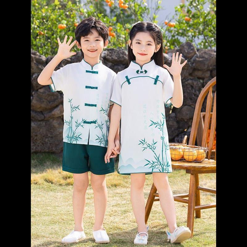 中国风小学生校服套装夏季短袖唐装汉服幼儿园园服民国风班服定制