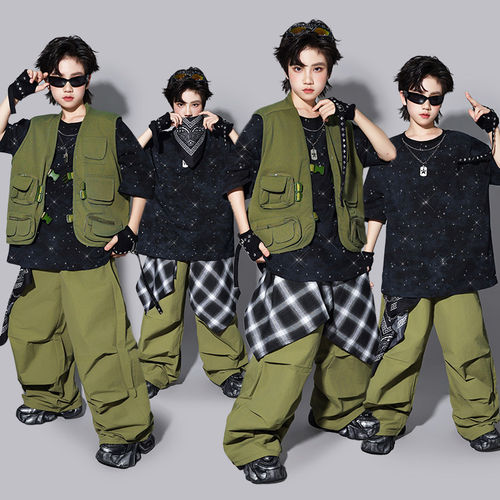 儿童绿色亮钻街舞演出服少儿嘻哈架子鼓表演服装男童马甲套装潮装
