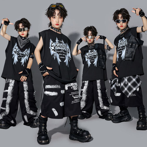 儿童hiphop街舞演出服男童嘻哈马甲套装少儿架子鼓表演服装男孩潮