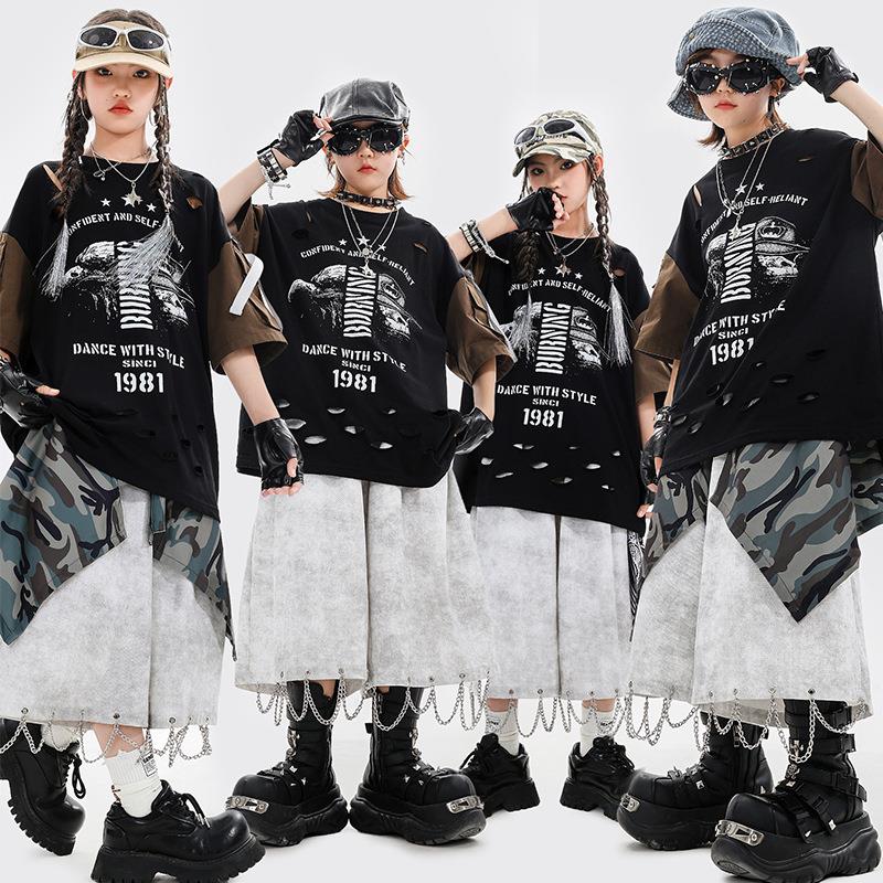 少儿街舞服装男童嘻哈潮服酷帅破洞拼接套装hiphop女童酷帅演出服