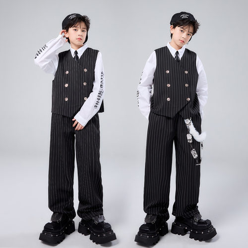 儿童爵士舞套装黑色西装马甲潮服男童街舞Popping演出服locking女