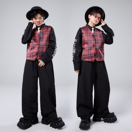儿童爵士舞套装红格西装马甲潮服男童街舞Popping演出服locking女