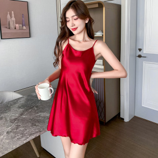 新款 超薄冰丝吊带睡衣女士带胸垫睡裙凉感夏天家居服可外穿 夏季