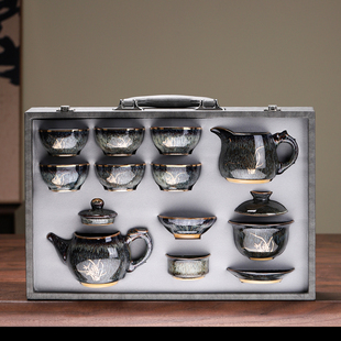 建盏茶杯陶瓷窑变天目釉主人杯描金兰花茶杯单杯茶具套装茶盏精品