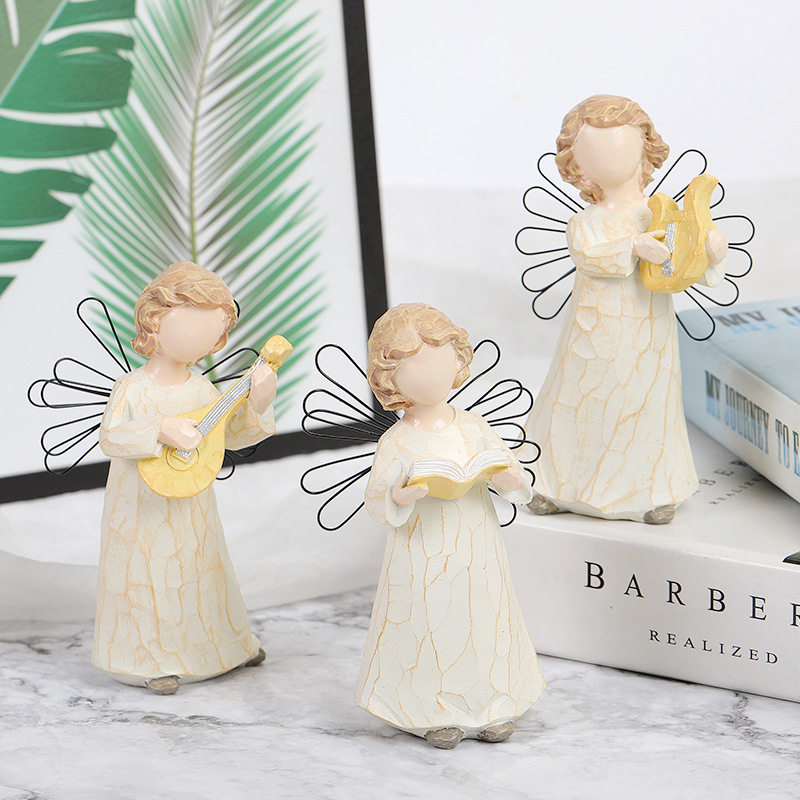雕刻手绘人偶唱诗班小天使摆件室内家居创意礼物铁翅膀装饰品