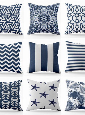 蓝色几何线条抱枕套美式简约条纹亚麻枕头套毛绒靠垫可定图