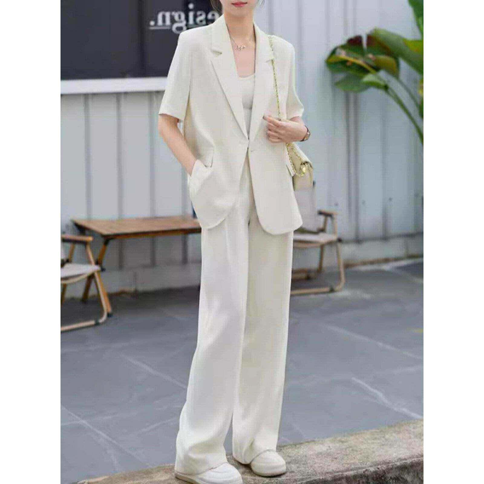 香港2026夏装短袖薄大码女装胖mm西装套装显瘦韩版职业外套阔腿裤