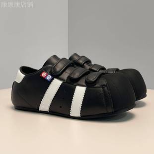 贝壳头板鞋2025秋季新款百搭魔术贴黑色男女增高鞋子大头休闲鞋