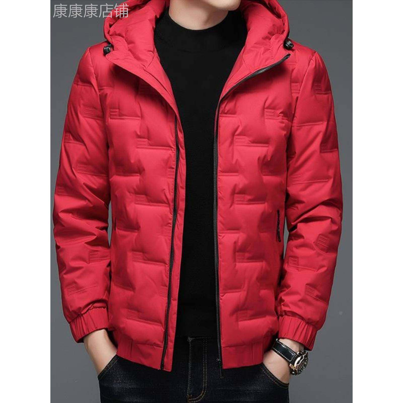 红色轻薄羽绒服男士冬季新款连帽短款本命年修身夹克保暖男款外套