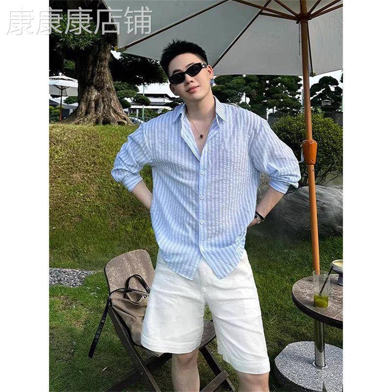 老钱风松弛感穿搭蓝色条纹衬衫男夏季休闲衬衣外搭开衫防晒外套