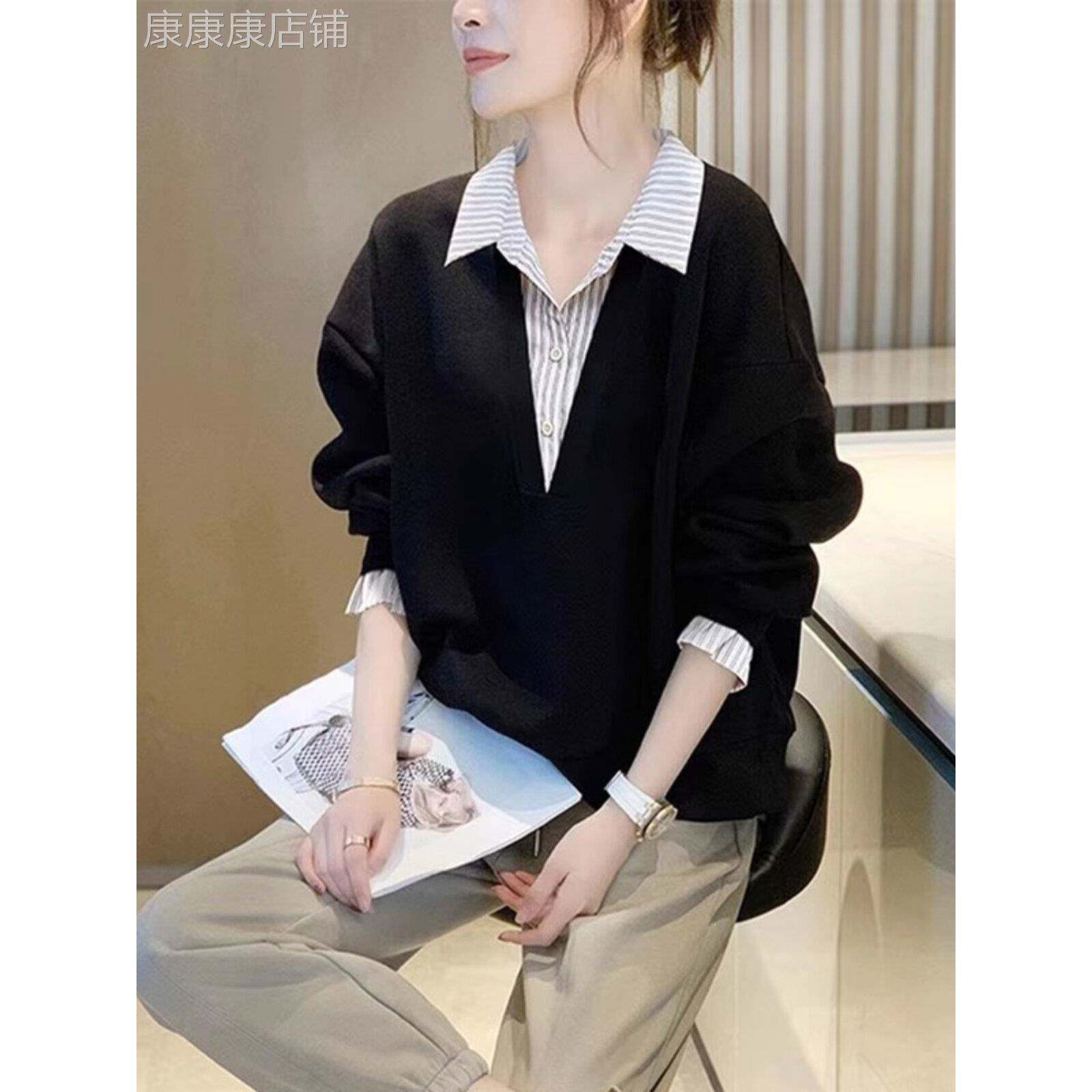 假两件套拼接运动衫女式衬衫2025秋冬新款设计感经典优雅条纹上衣