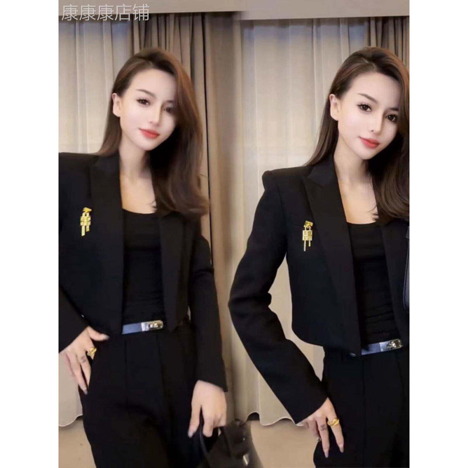 黑色小香风垫肩西装外套女春秋季欧货修身显瘦短款休闲西服上衣