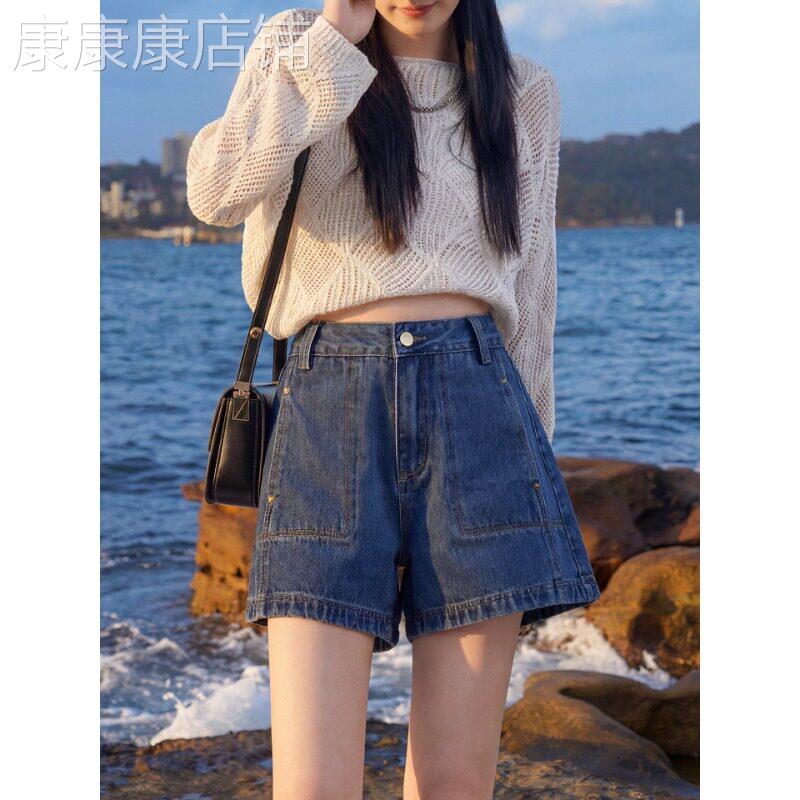 复古深蓝色高腰牛仔短裤女2026新款夏季宽松显瘦A字版型阔腿热裤