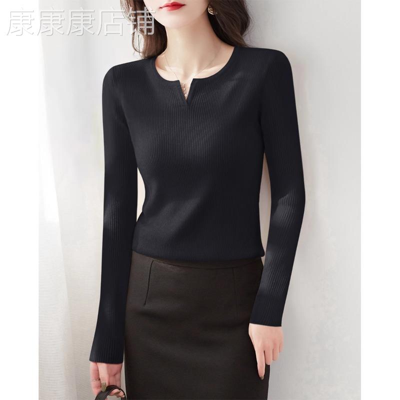 韩国黑色v领打底衫女春秋季修身显瘦内搭毛衣针织衫短款气质长袖