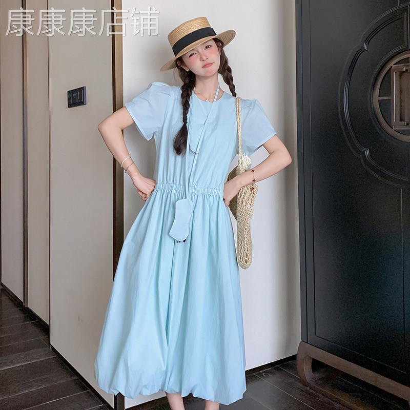 蓝色简单大方的洋装女夏季2026新款小清新气质减龄少女花苞裙子