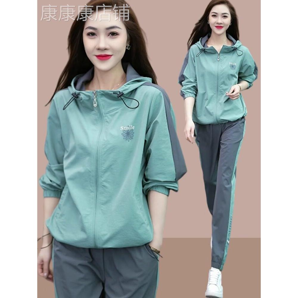 休闲运动服套装女时尚洋气小个子女士跑步服连帽上衣束脚裤两件套