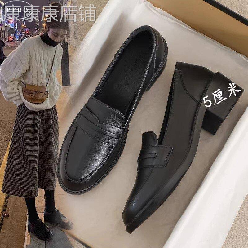 真皮黑色粗跟乐福鞋女2025春秋新款软底豆豆鞋英伦风一脚蹬小皮鞋