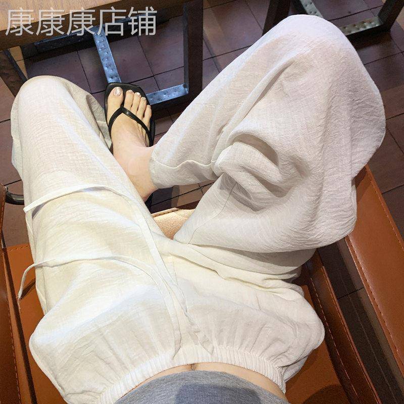 SPYB白色冰丝亚麻裤女夏季新款高腰显瘦直筒速干棉麻拖地阔腿长裤