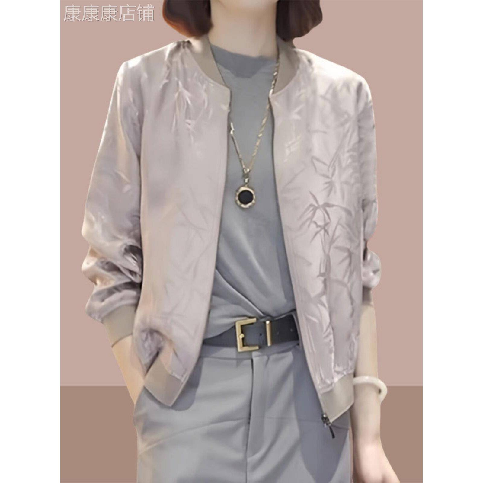日系竹叶印花短外套女士秋季新款拉炼开衫棒球服百搭气质长袖上衣
