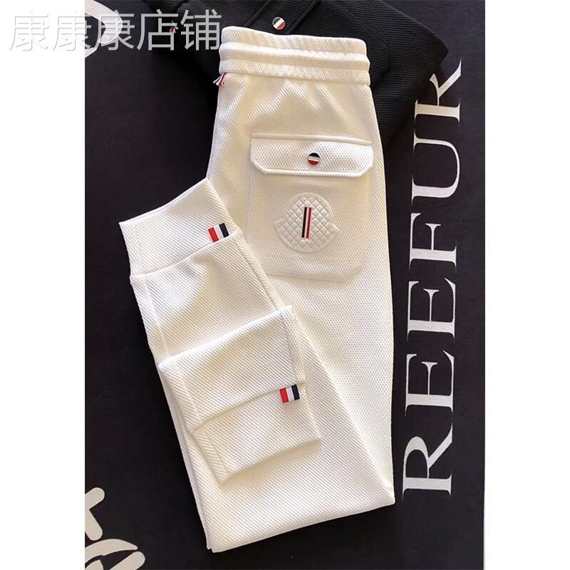 MK夏款弹力束脚运动厚棉裤男高级感欧洲站凤梨纹百搭修身男士烟管