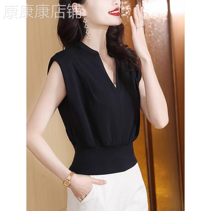 黑色雪纺衫女士夏季薄款2026新款高级感减龄洋派无袖T恤小衫上衣