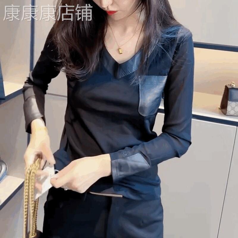 V领蕾丝拼接pu皮长袖T恤女秋季2025年新款设计感网纱修身时尚上衣