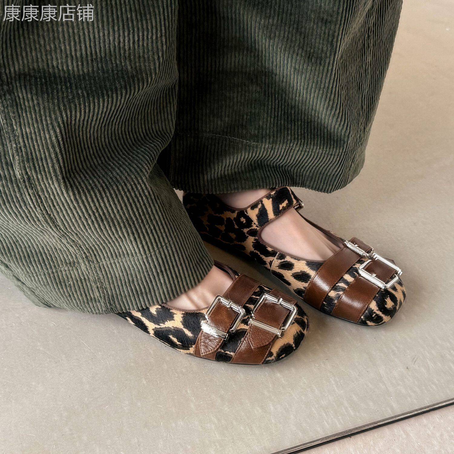鬼马精灵~ 小众个性豹纹皮带扣玛丽珍鞋女圆头平底浅口单鞋春新款