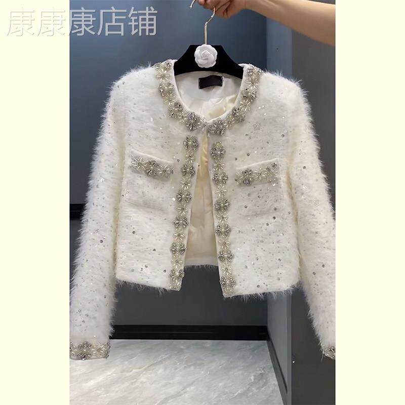 小香风重工镶钻短款外套女2025年新款高级感白色名媛富家千金上衣