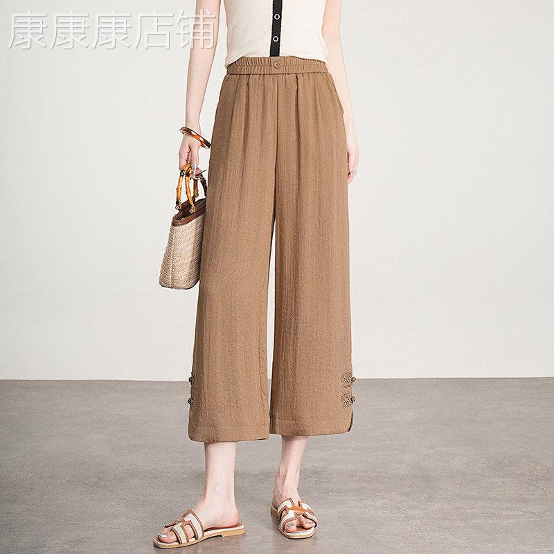 国风盘扣阔腿裤女夏季薄款高腰宽松舒适显瘦气质妈妈九分直筒裤子