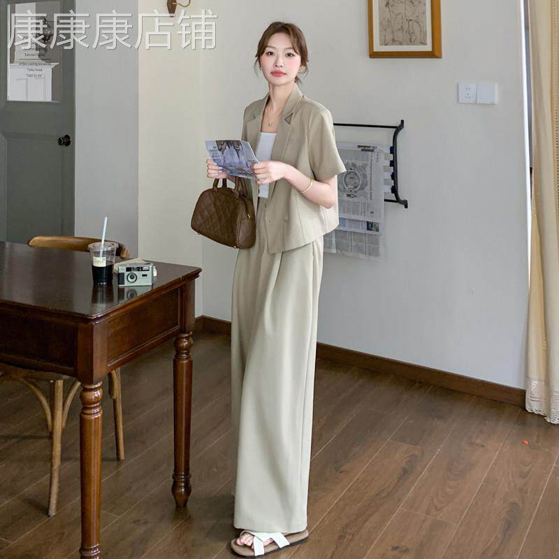 卡其色短袖西装套装女2026夏季新款高级感气质轻熟西服外套阔腿裤