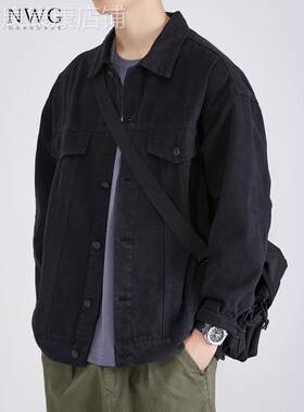 黑色牛仔夹克男士时尚品牌春秋季新美国覆古宽松工作夹克男士休闲